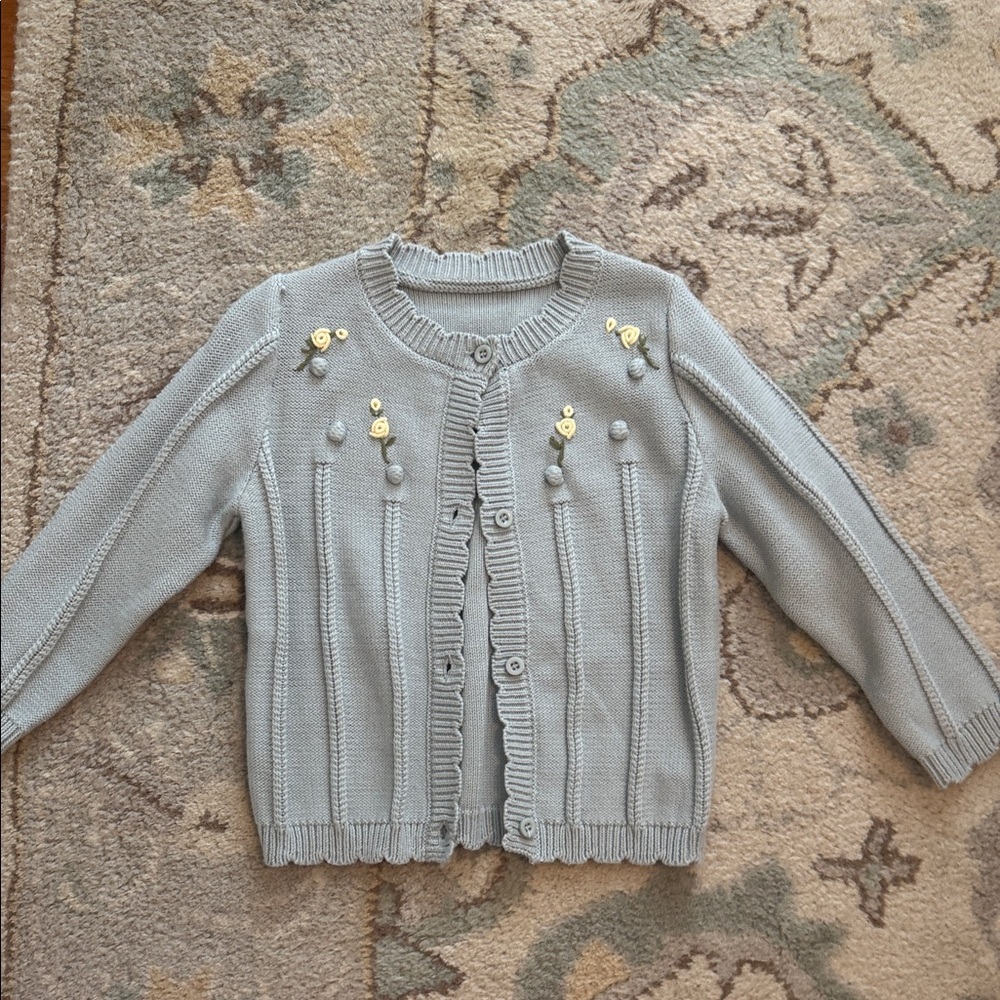 Blue Floral Knit Cardigan with Embellishments 3-4t